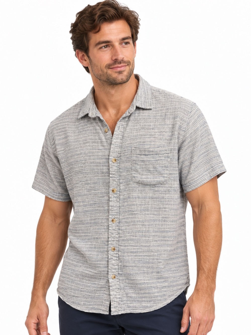 Marine Layer Men’s Navy Cream Stripe Short Sleeve Button-Up Shirt L
